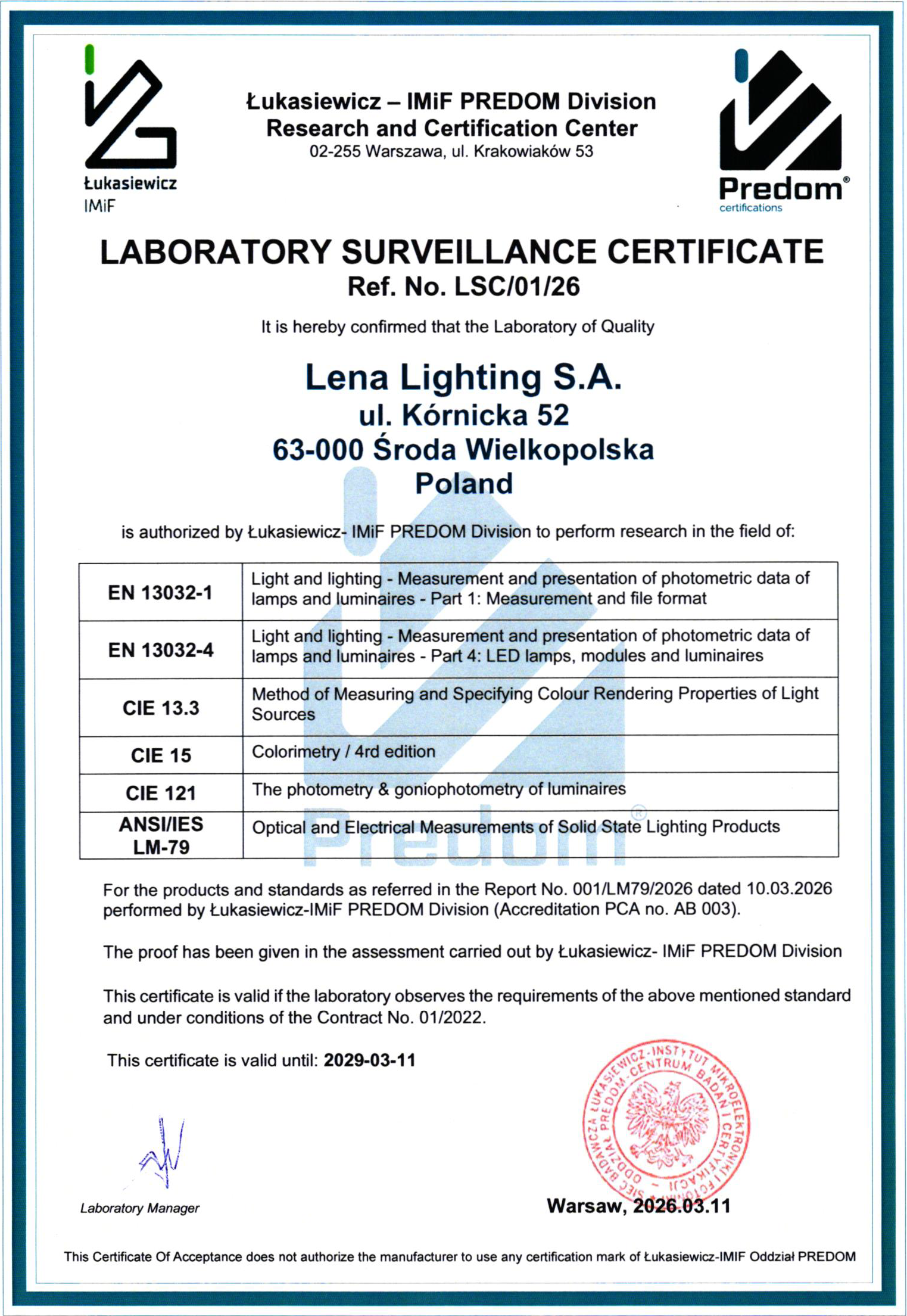 Laboratory surveillance certificate Nr.LSC/01/26