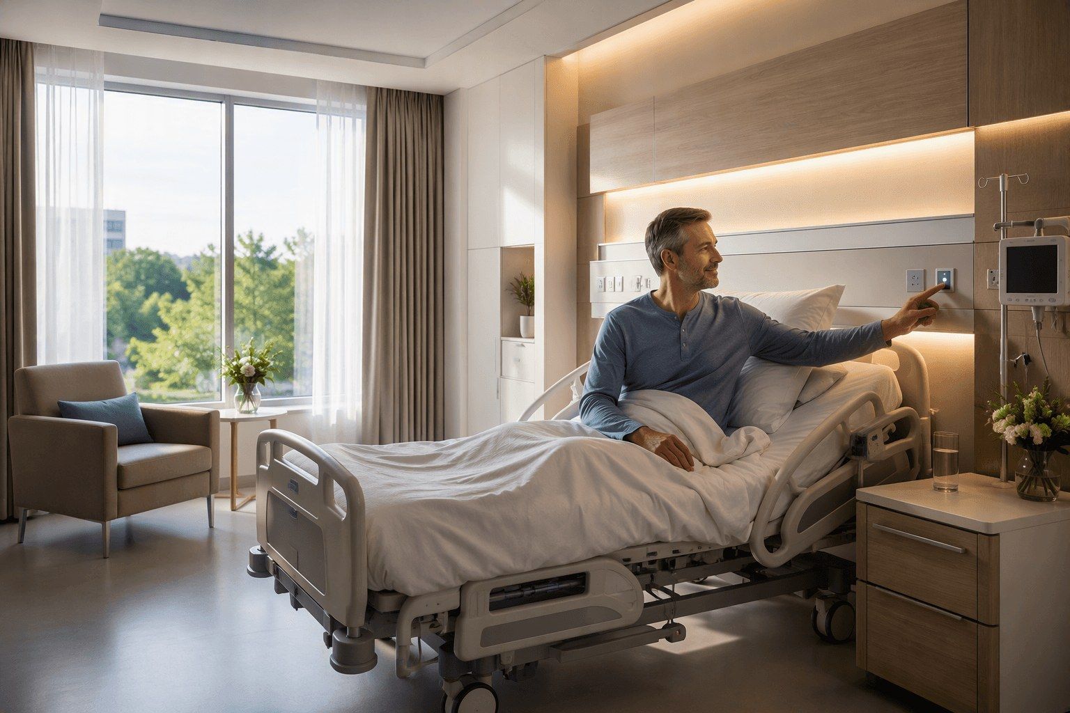 A patient controlling the bedside lighting in a modern hospital ward designed with patient comfort and experience in mind – Lumedic