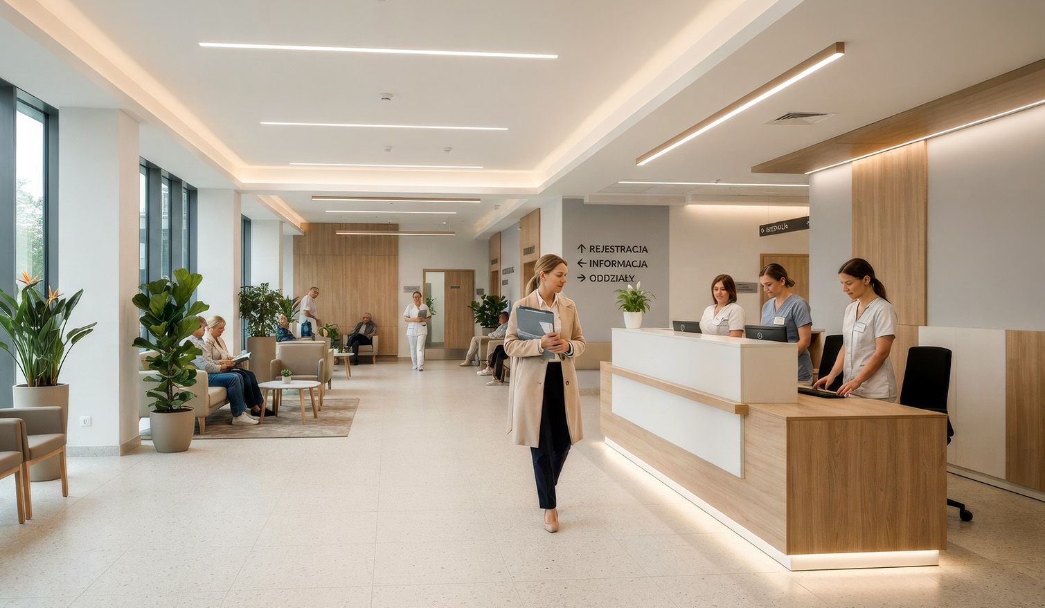 The hospital lobby with patients and staff; modern LED lighting in the background helps to create a positive experience | Lumedic