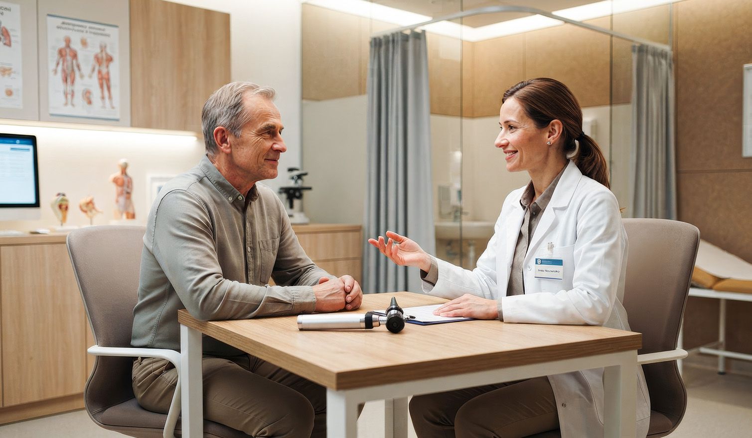 In the doctor’s surgery, the doctor is consulting with a patient; medical instruments and documents are situated next to the desk | Lumedic
