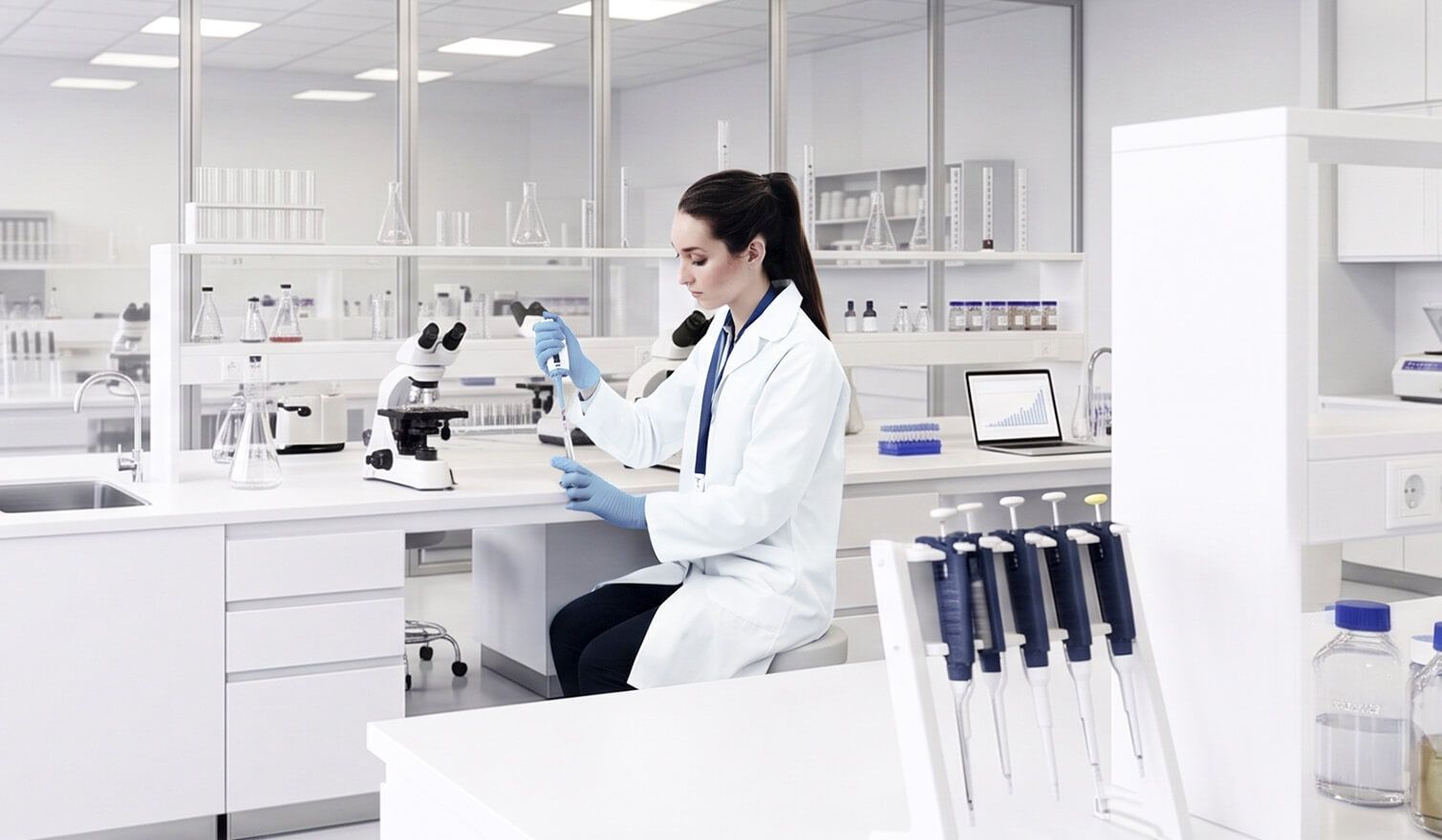 A laboratory technician in a white lab coat, concentrating on her work at a microscope in a bright, professionally lit laboratory | Lumedic