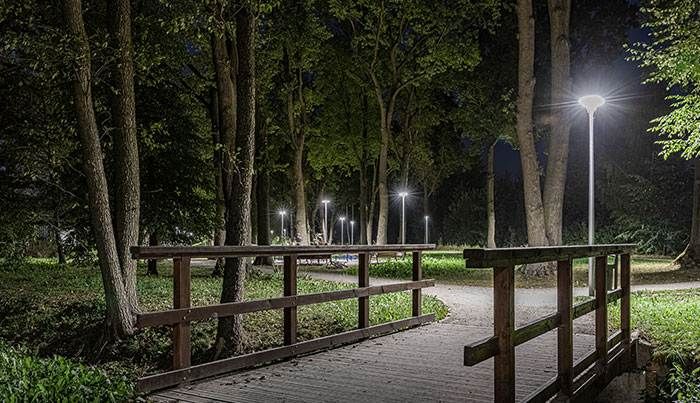 Drewniany mostek i ścieżka parkowa oświetlone nocą lampami parkowymi LED