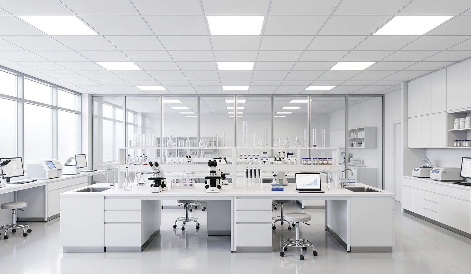 A laboratory with white desks and computers, well-lit, conducive to precise analysis and comfortable working | Lumedic