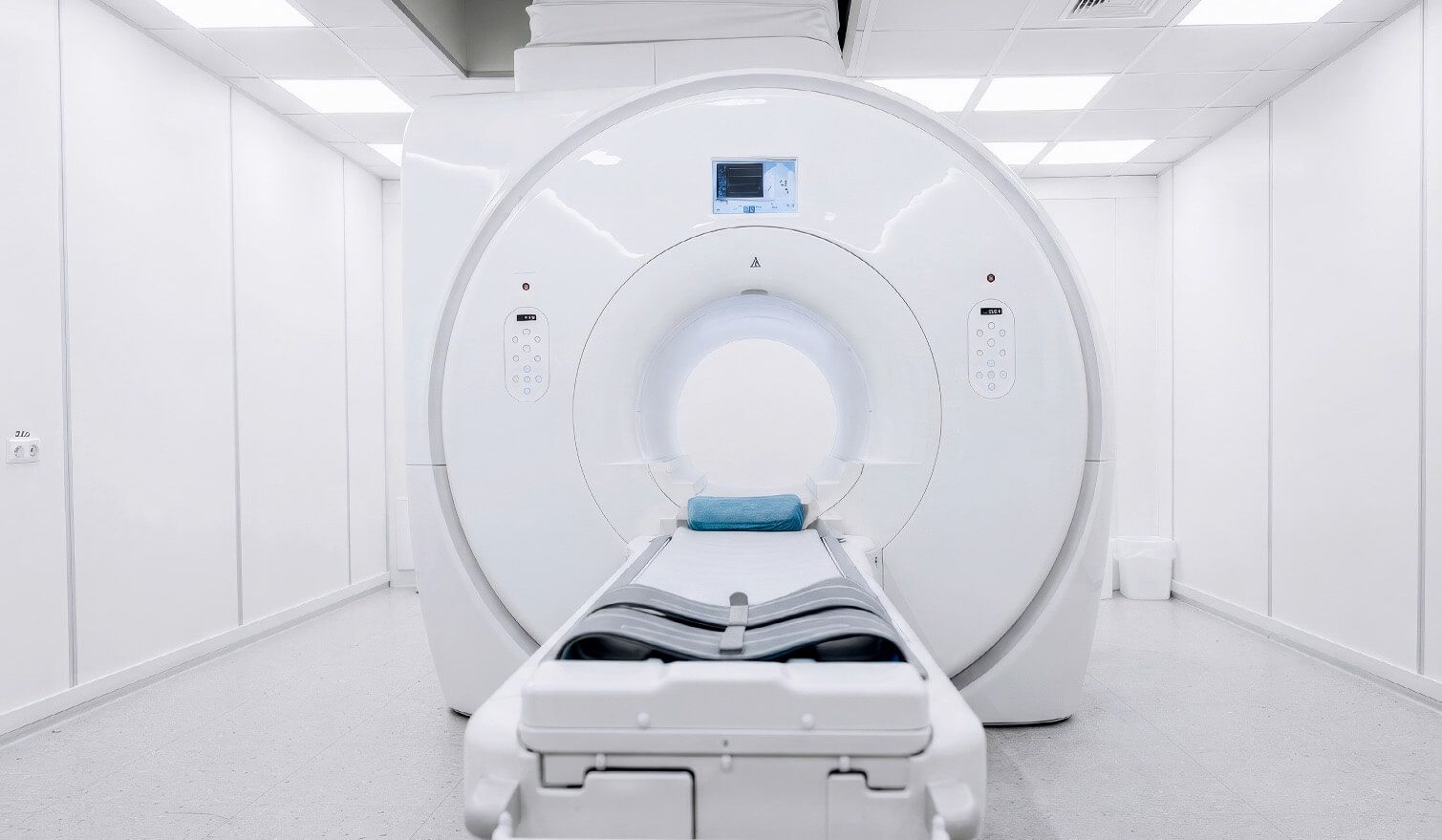 A white room housing an MRI scanner, well lit, creating a calm atmosphere for patients and medical staff