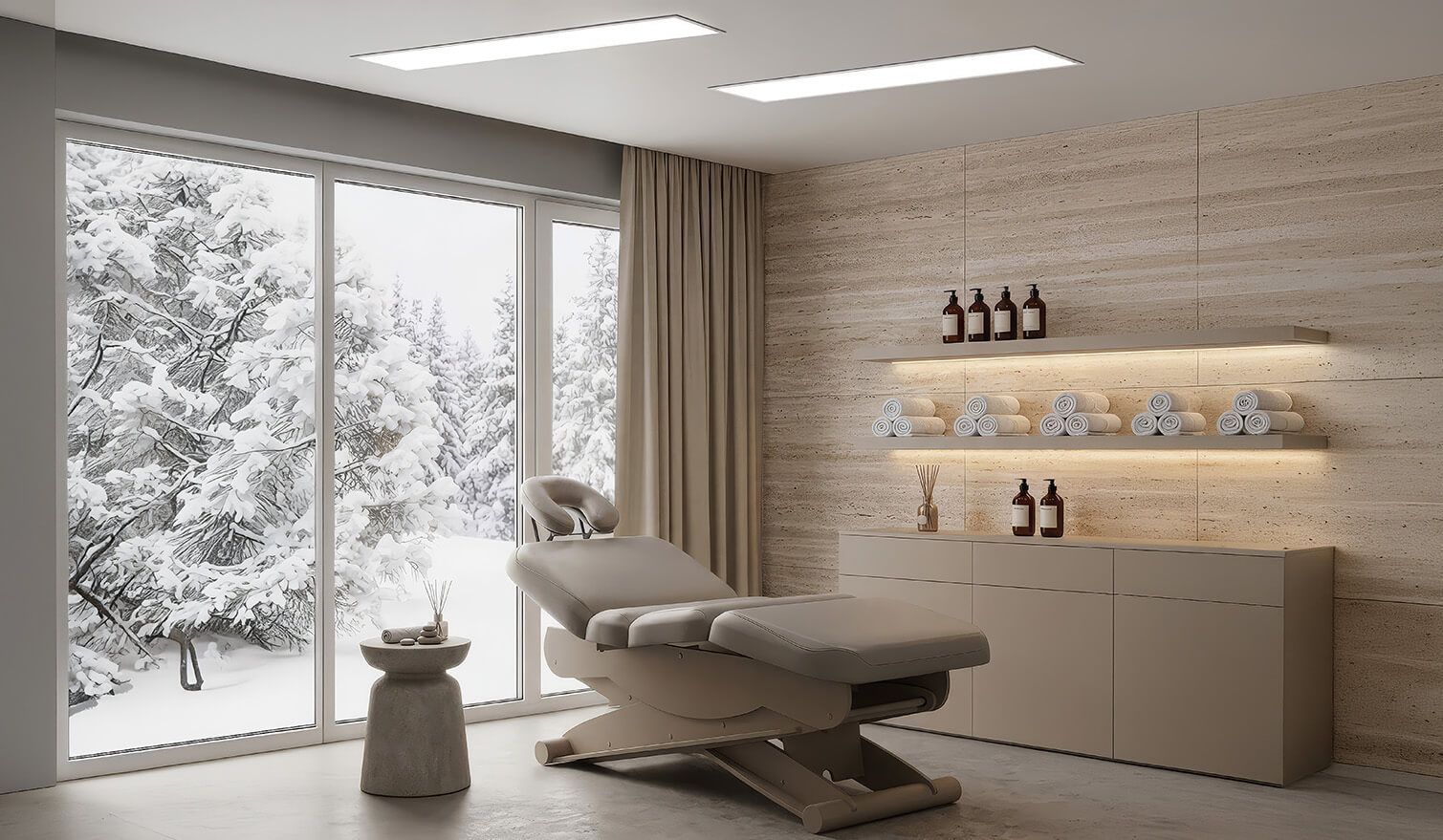 The interior of a beauty salon, featuring a treatment chair and a window, with optimal lighting to ensure comfort during beauty treatments | Lumedic