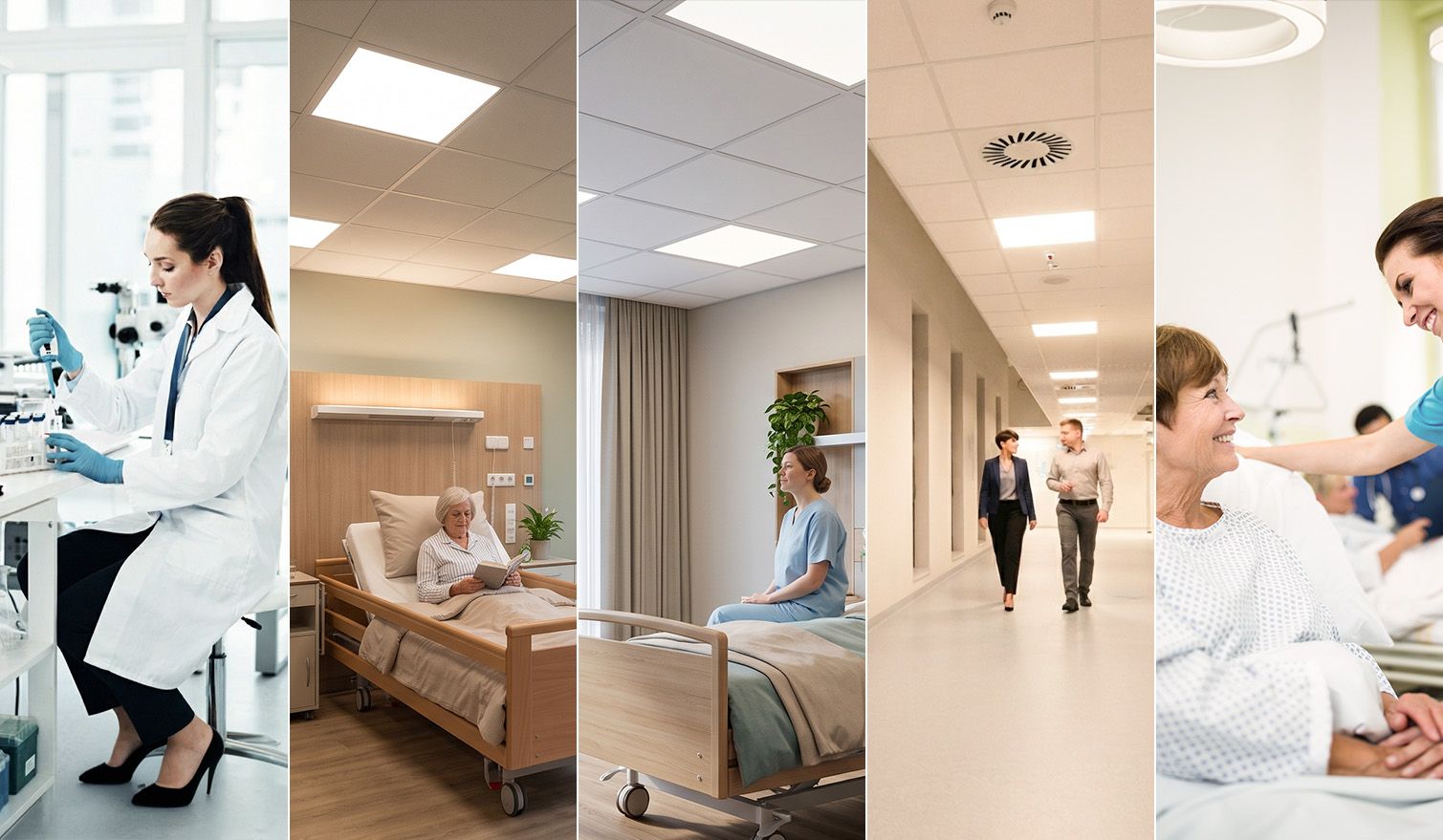 A collage of images of patients in hospital rooms, highlighting the role of lighting in improving psychological well-being | Lumedic
