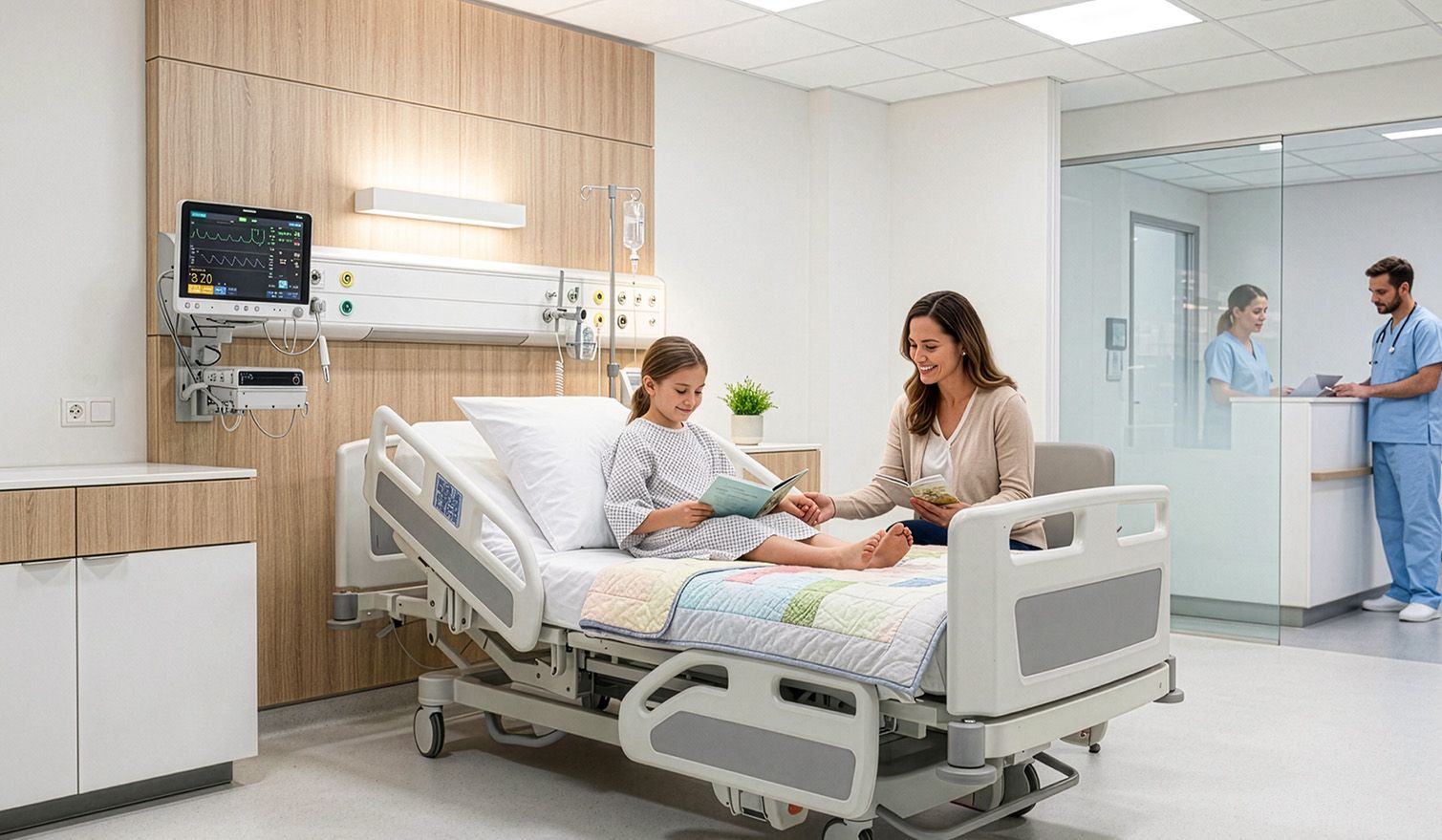A hospital bed with a woman and a child sitting beside it, symbolising closeness and care during difficult times of ill health | Lumedic