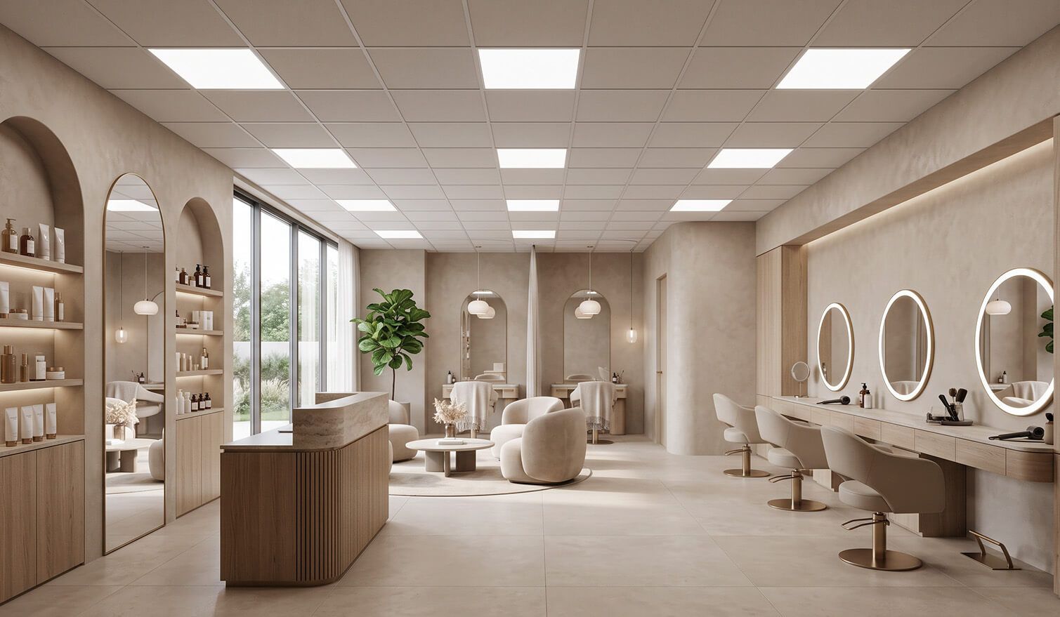 A beauty salon with a spacious mirror and elegant treatment chairs, offering comfort and excellent lighting for treatments | Lumedic