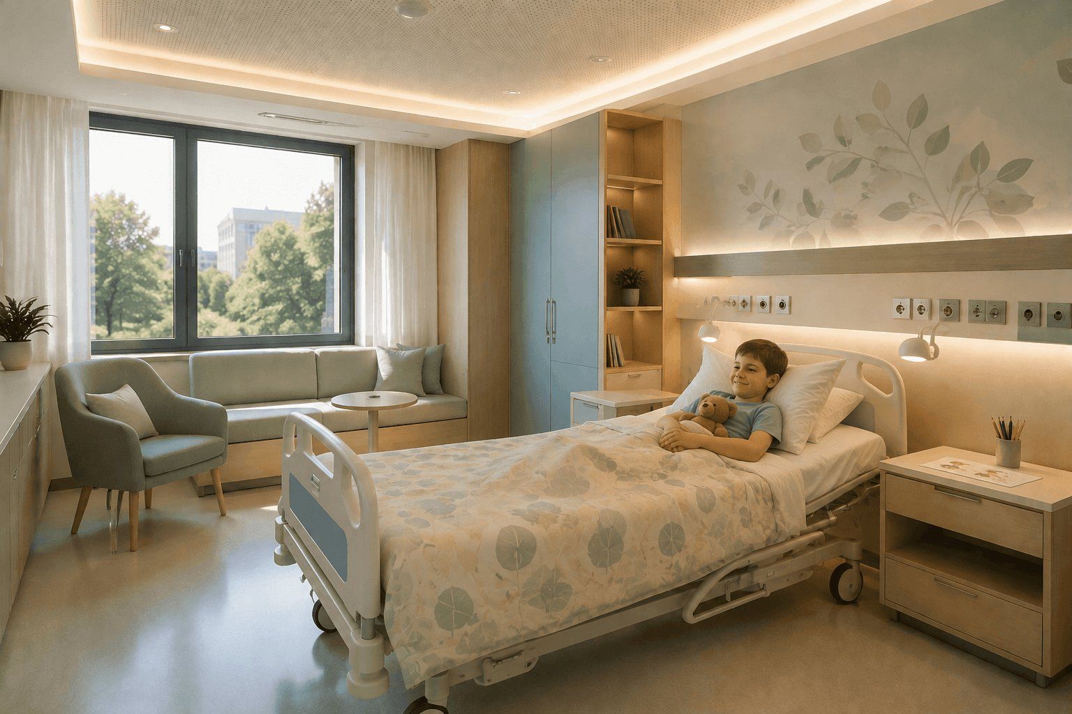 A modern paediatric ward with warm LED lighting, a window overlooking greenery and a relaxation area designed to support the child’s comfort during convalescence | Lumedic